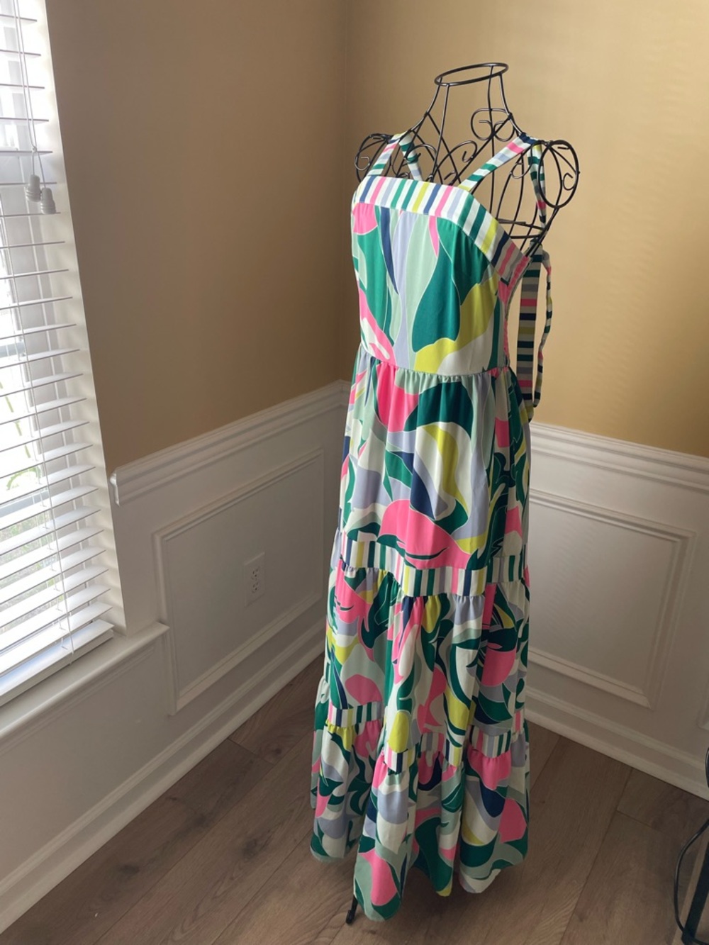 Colorful Abstract Print Maxi Dress - Pink, Green, Yellow